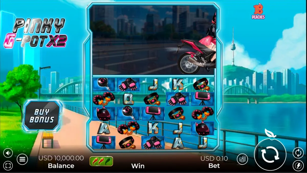 Tampilan visual neon yang memukau dari slot Pinky G-Pot X2 dengan latar belakang jalanan Seoul.